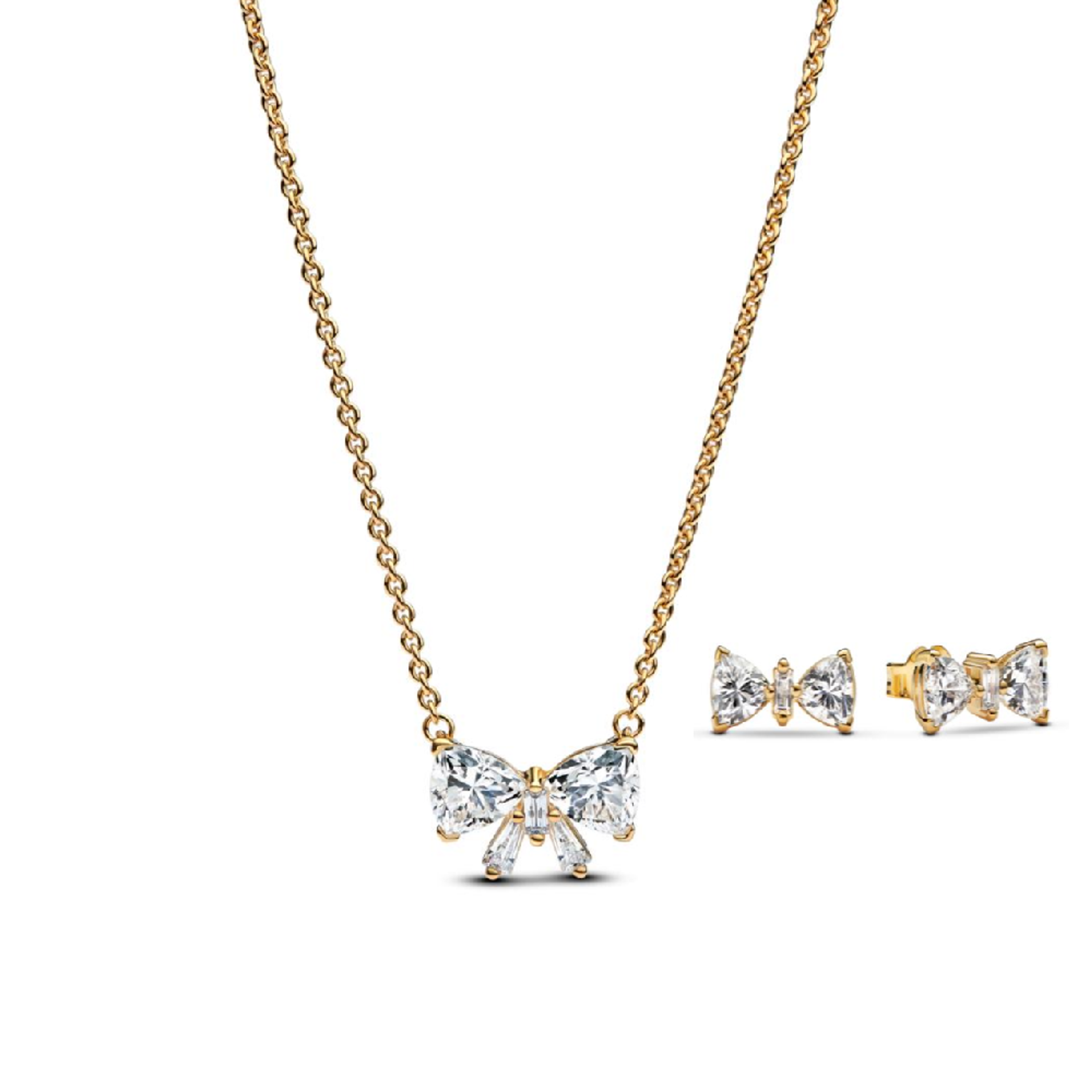 PANDORA SET pozlacený náhrdelník Tŕpytivá mašlička a náušnice