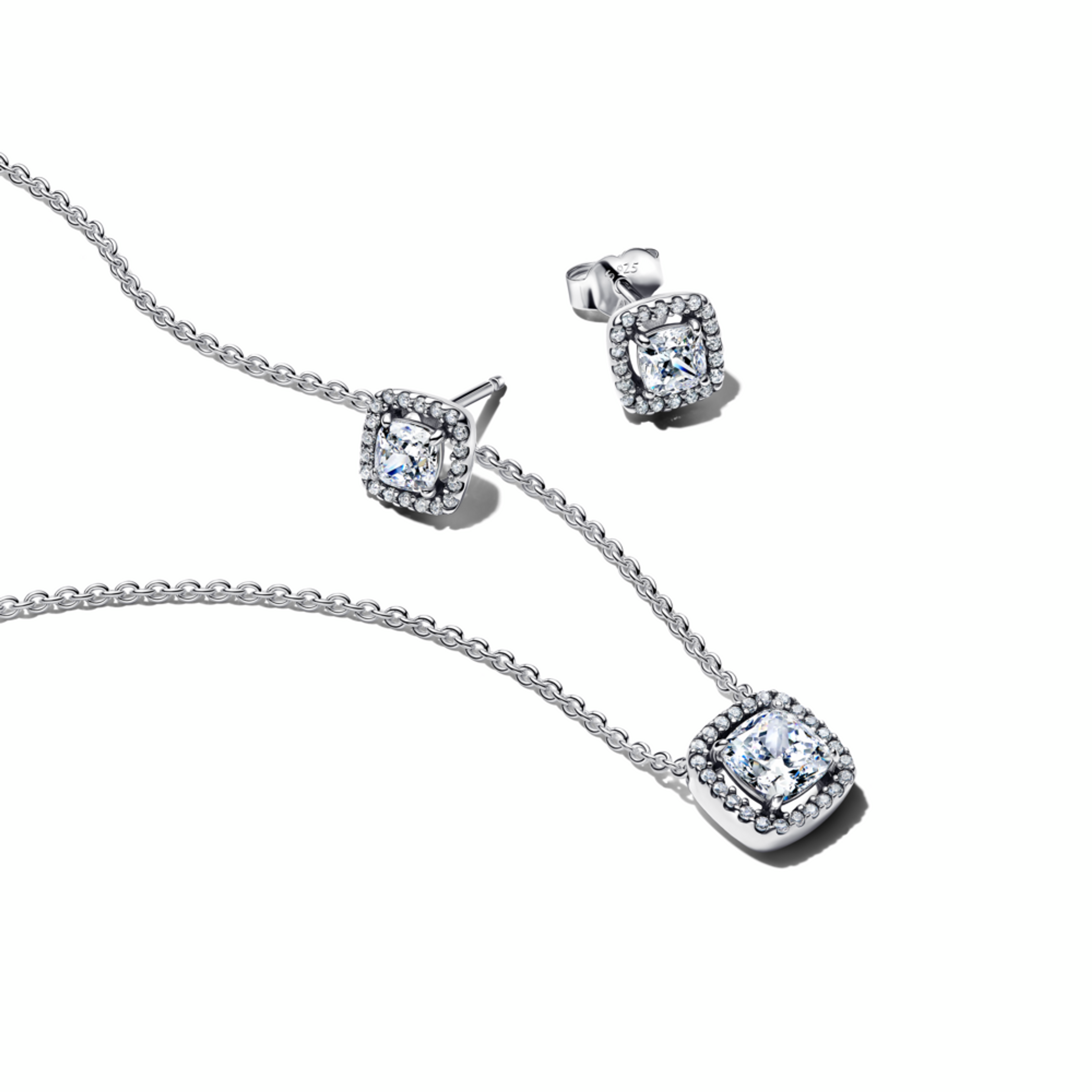 PANDORA SET náhrdelník s príveskom Trblietavá štvorcová aureola s náušnicami