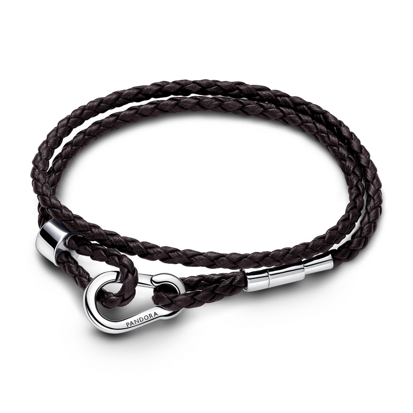 PANDORA Moments prepletaný hnedý kožený náramok s karabínovou sponou 38cm sťahovacia