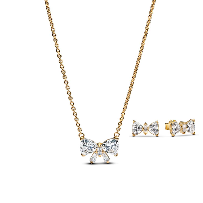 PANDORA SET pozlacený náhrdelník Tŕpytivá mašlička a náušnice